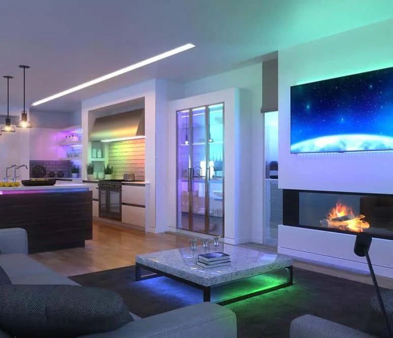 The TV in the hall, kitchen cabinets are installed with dream color LED strip as decor lighting.