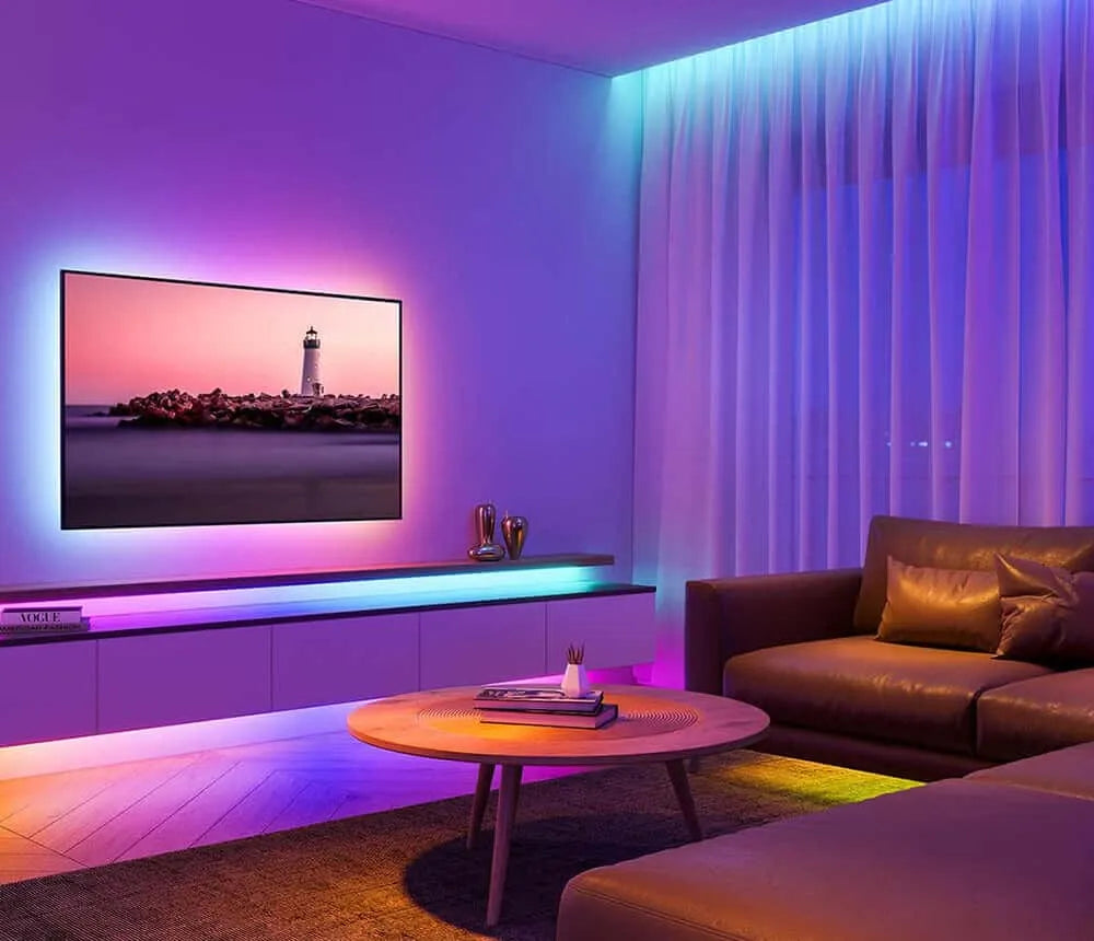 Living room decorated with LED light strips for TV, ceiling, sofa, etc.