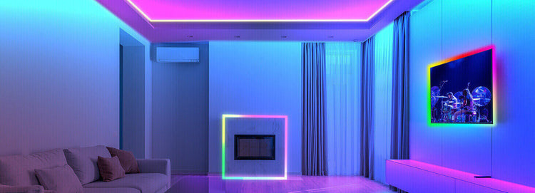 The home's living room is decorated with Acoshneon Dreamcolor Led light strips on the ceiling, TV, and walls.