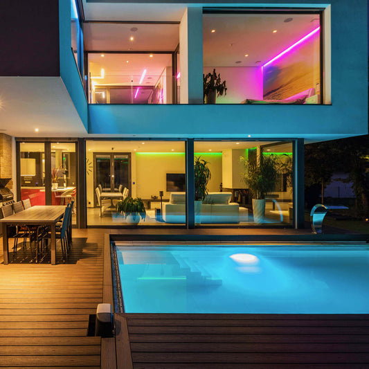 The villa with a swimming pool in the backyard is brighter and more colorful after the interior is decorated with acoshneon led light strips.