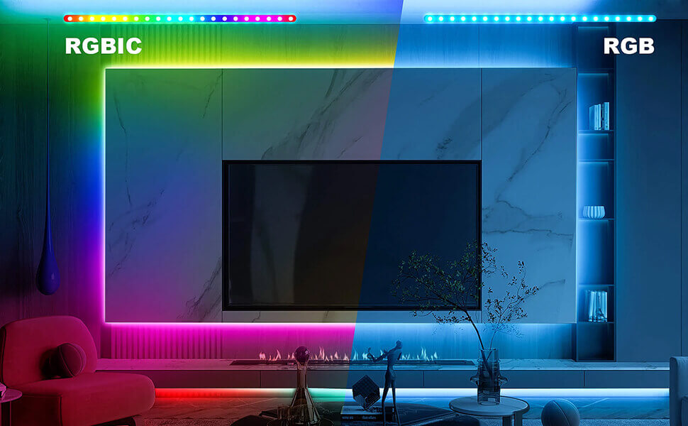 A living room with a TV uses a multi-color RGBIC and a monochromatic RGB and performs a color comparison.