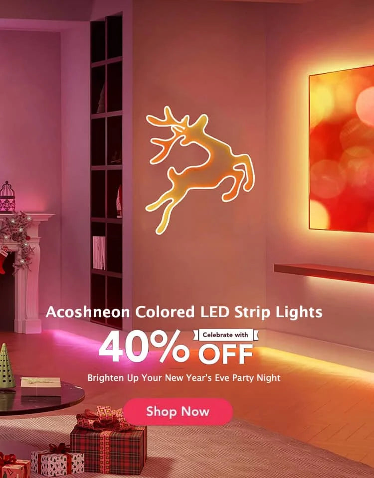 The living room TV and walls are decorated with acoshneon LED lights and elk-shaped neon lights.