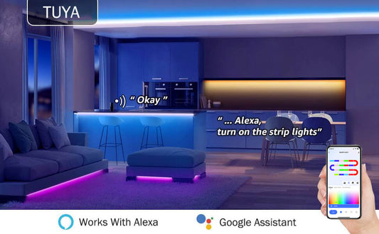 The living room decorated with acoshneon led strip lights can be controlled using the TUYA App or smart voice